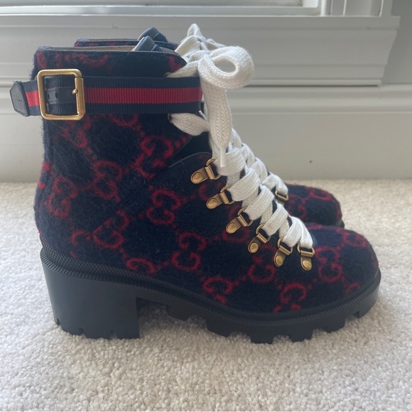 GUCCI Trip GG logo wool combat boots Navy Red - Picture 2 of 13